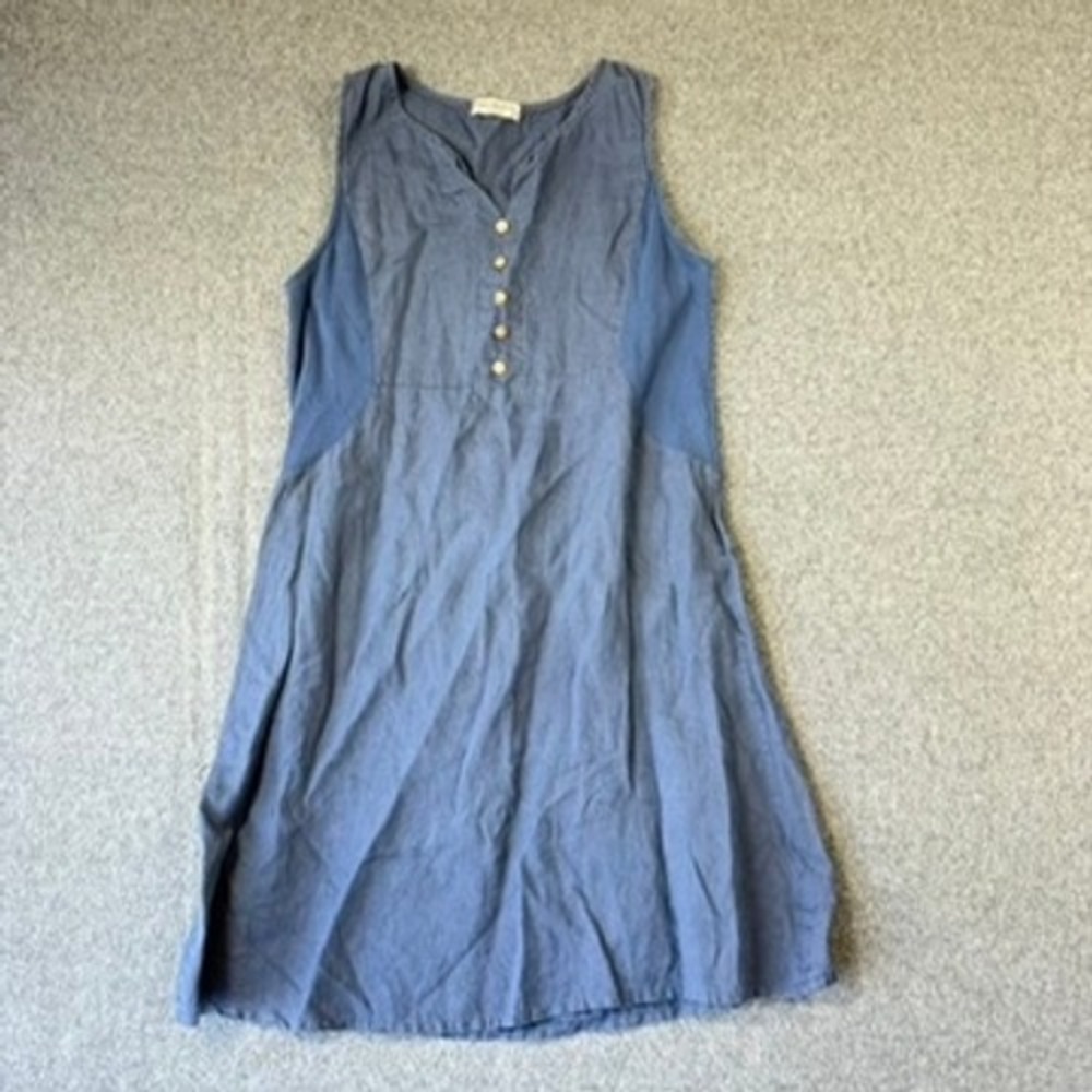 Terzo Millennio Womens Blue Linen Henley Sleeveless Dress Side Ribbed Panels L‎